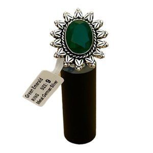 Green Emerald Ring – German Silver – Size 9